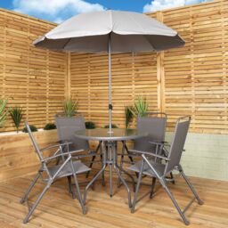 Samuel Alexander Outdoor 4 Seater Round Glass Top Table & Chairs Patio Set with Parasol in Grey - thumbnail 1