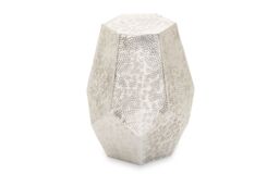 Orsina Geometric Drum Style Table For Hallway, Decorative Round Table, Metallic Silver Finish Bedside Table in Grey