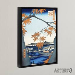 "Artery8 Maple Trees Japan Shrine Bridge Framed Canvas Wall Art Print Hiroshige in Orange - Size: W24"" x H32""" - thumbnail 2