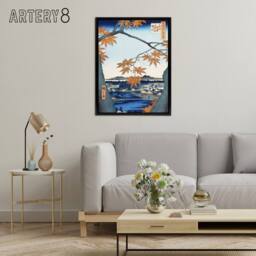 "Artery8 Maple Trees Japan Shrine Bridge Framed Canvas Wall Art Print Hiroshige in Orange - Size: W24"" x H32""" - thumbnail 3