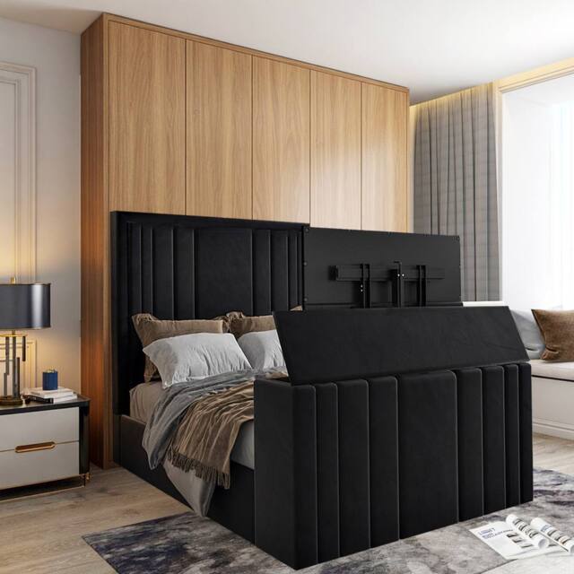 KDMD Artlebeck Upholstered Soft Velvet Black Tv Bespoke Bed Frame - Size: Double - image 1
