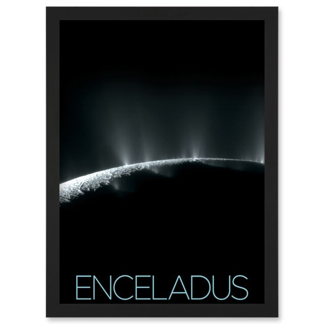 Artery8 NASA Our Solar System Enceladus Saturn's Moon Plumes Artwork Framed Wall Art Print A4 in Black - image 1