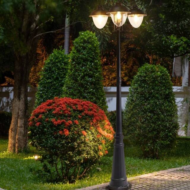 Wyld and Coco 3-Light Outdoor Lamp Post - Black Aluminium Synthetic Shades - image 1