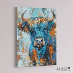 "Artery8 Highland Cow Scottish Hairy Coo Canvas Wall Art Print in Blue - Size: W18"" x H24""" - thumbnail 2