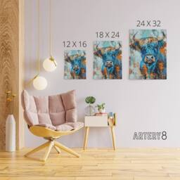 "Artery8 Highland Cow Scottish Hairy Coo Canvas Wall Art Print in Blue - Size: W18"" x H24""" - thumbnail 4
