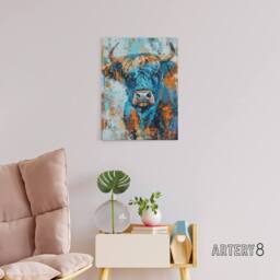 "Artery8 Highland Cow Scottish Hairy Coo Canvas Wall Art Print in Blue - Size: W18"" x H24""" - thumbnail 3