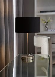 ValueLights Charlie Chrome Stem Table Lamp with Fabric Drum with Chrome Inner Lamp Shade in Black
