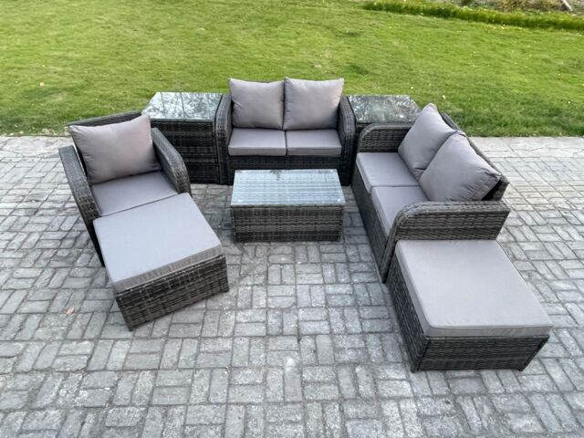 Fimous High Back Rattan Garden Furniture Set with Loveseat Sofa Coffee Table 2 Big Footstool 2 Side Tables Indoor Outdoor Patio Lounge Sofa Set - image 1