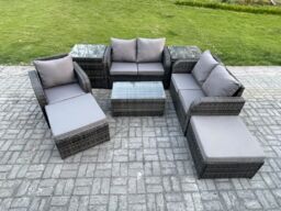 Fimous High Back Rattan Garden Furniture Set with Loveseat Sofa Coffee Table 2 Big Footstool 2 Side Tables Indoor Outdoor Patio Lounge Sofa Set - thumbnail 1