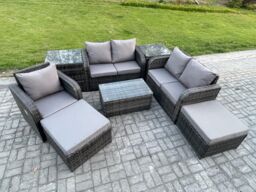 Fimous High Back Rattan Garden Furniture Set with Loveseat Sofa Coffee Table 2 Big Footstool 2 Side Tables Indoor Outdoor Patio Lounge Sofa Set - thumbnail 2