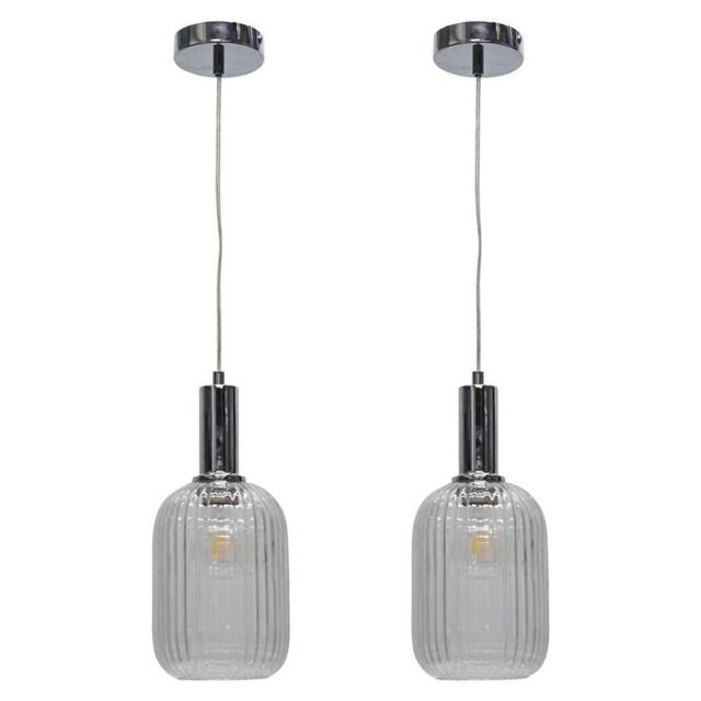 First Choice Lighting Set of 2 Batley - Clear Ribbed Glass Chrome Deco Pendant Fittings - image 1