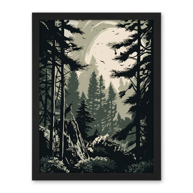 "Artery8 Wall Art Print Pine Tree Forest Sunrise Landscape Large Framed Wall Décor Art in Black - Size: W18"" x H24""" - image 1