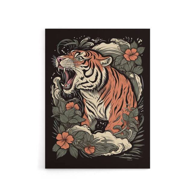 "Artery8 Roaring Tiger Old School USA Tattoo Canvas Wall Art Print in Orange - Size: W18"" x H24""" - image 1