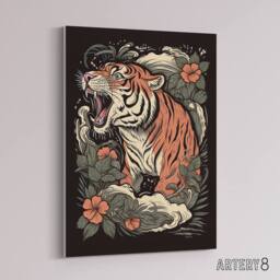 "Artery8 Roaring Tiger Old School USA Tattoo Canvas Wall Art Print in Orange - Size: W18"" x H24""" - thumbnail 2