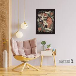 "Artery8 Roaring Tiger Old School USA Tattoo Canvas Wall Art Print in Orange - Size: W18"" x H24""" - thumbnail 3
