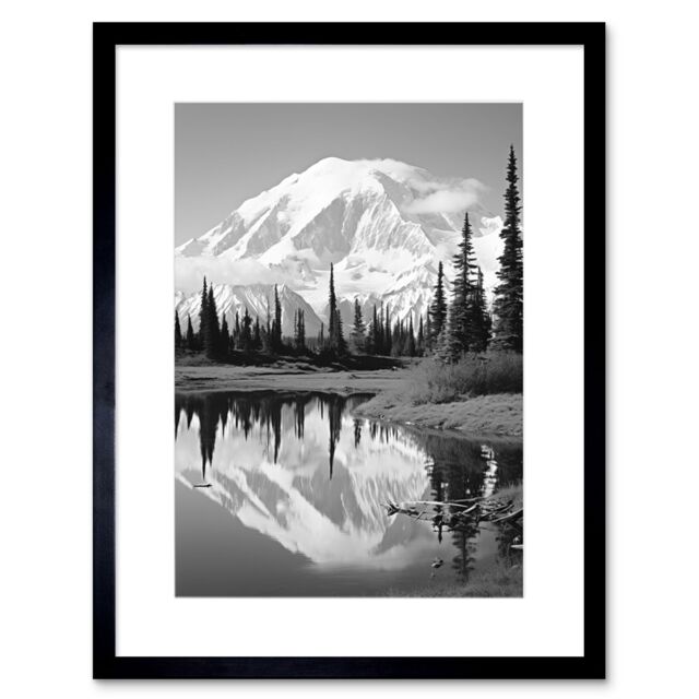 Artery8 Wall Art Print Mount McKinley Reflecting on Wonder Lake Tranquil Water Black & White Photograph Scenic Mountain Valley Landscape Artwork - image 1