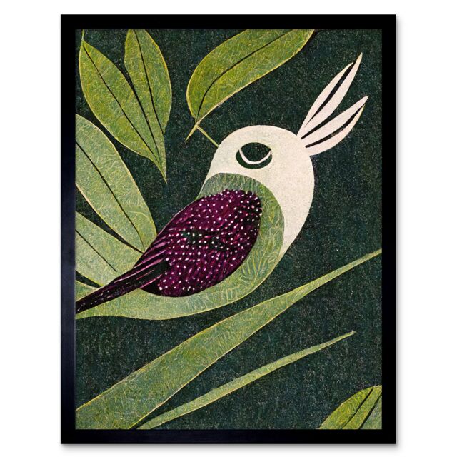 "Artery8 Wall Art Print Vintage Linocut Small Bird With Plant Leaves Art Framed in Black - Size: W12"" x H16""" - image 1