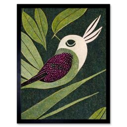 "Artery8 Wall Art Print Vintage Linocut Small Bird With Plant Leaves Art Framed in Black - Size: W12"" x H16""" - thumbnail 1