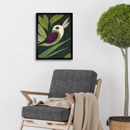 "Artery8 Wall Art Print Vintage Linocut Small Bird With Plant Leaves Art Framed in Black - Size: W12"" x H16""" - thumbnail 2