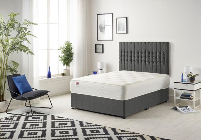 Somnior Galaxy Sprung Memory Foam Divan Bed with Headboard In Tweed Fabric in Charcoal - Size: Small Single - image 1