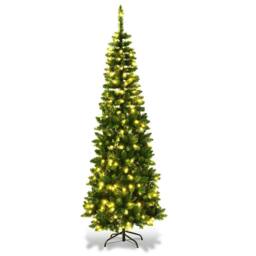 Shatchi Pre-Lit Artificial Slim Christmas Green Pencil Tree Warm White LEDs Pointed Tips with Metal Stand - Size: 7ft