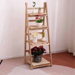 KORVIXA Foldable Ladder Shelf 4 Tier Wooden Planter Stand in Natural - Size: Small - thumbnail 3