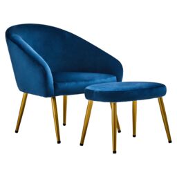 Orsina Midnight Blue Velvet Arm Chair with Footstool, Velvet Upholstered Accent Chair & Footstool, Armchair Set