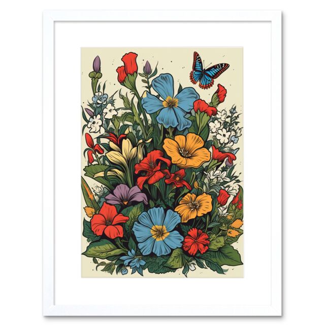 "Artery8 Wall Art Print Wildflower Meadow Colourful Tattoo Ink Body Art Rockabilly Americana 50s Artwork Framed 9X7 Inch in White - Size: W7"" x H9""" - image 1