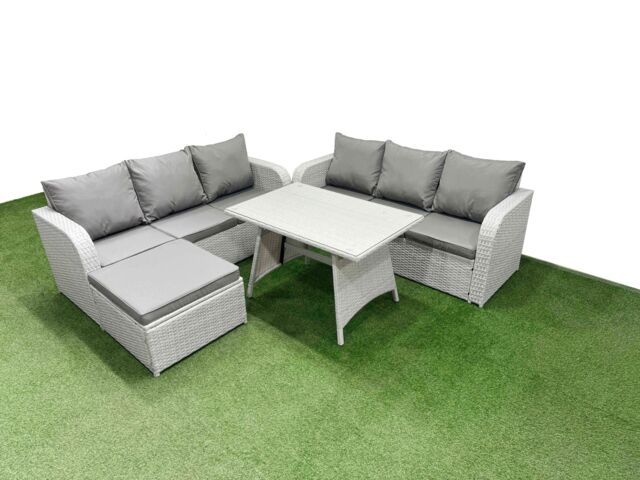 Fimous Rattan High Back Lounge Sofa Set with 3 Seater Sofa Big Stool in Light Grey - image 1