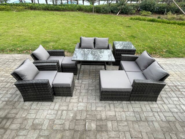 Fimous Garden Furniture Sets 9 Pieces Wicker Rattan Furniture Manual Wicker Patio Sofa Patio Conversation Set with 3 Footstools in Dark Grey