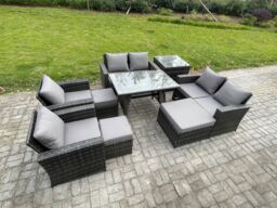 Fimous Garden Furniture Sets 9 Pieces Wicker Rattan Furniture Manual Wicker Patio Sofa Patio Conversation Set with 3 Footstools in Dark Grey - thumbnail 2