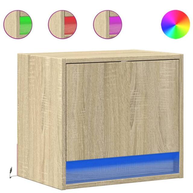 Berkfield Home Wall-mounted Bedside Cabinets with LED Lights 2 pcs Sonoma Oak in Light Tan - image 1