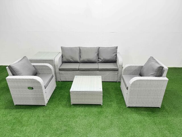 Fimous PE Rattan Garden Furniture Set Reclining Chair Sofa Lounge Sofa Set Square Coffee Table Side Table Light Grey - image 1