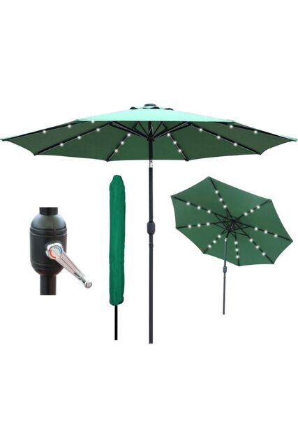 Glamhaus Green Solar Power LED Tilting Parasol Waterproof Garden Umbrella 2.7M - image 1