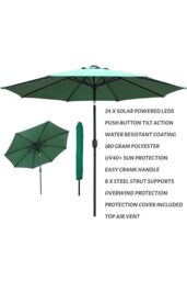Glamhaus Green Solar Power LED Tilting Parasol Waterproof Garden Umbrella 2.7M - thumbnail 2