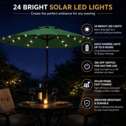 Glamhaus Green Solar Power LED Tilting Parasol Waterproof Garden Umbrella 2.7M - thumbnail 8