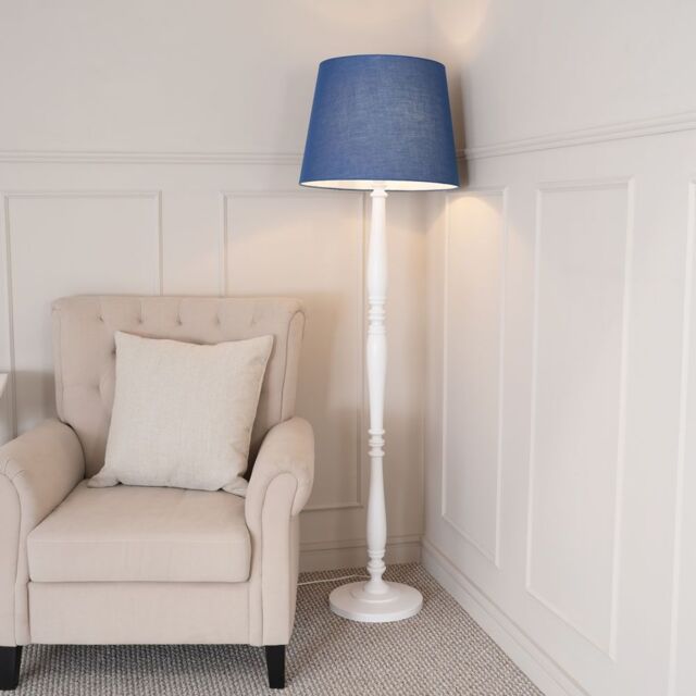 ValueLights Victoria White Wood Traditional Stem Floor Lamp with Fabric Tapered Shade in Blue - image 1