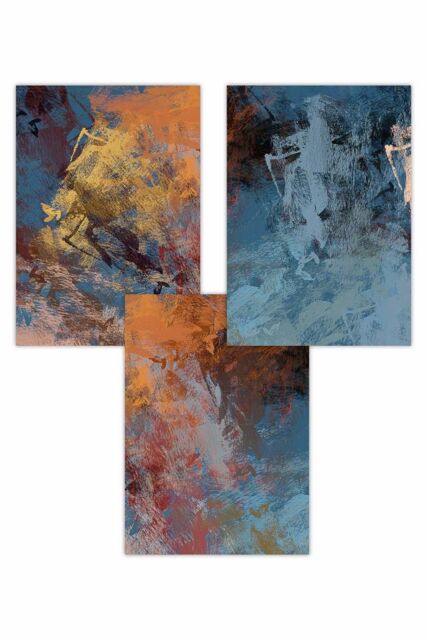 ARTZE Set of 3 Abstract Orange Blue Cerulean Dream Art Posters in Burnt Orange - Size: W50 cm x H70 cm - image 1