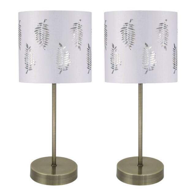 First Choice Lighting Set of 2 Antique Brass Stick Table Lamps with White Fern Shades in Bronze - image 1