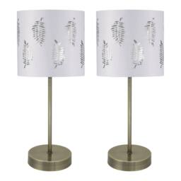 First Choice Lighting Set of 2 Antique Brass Stick Table Lamps with White Fern Shades in Bronze