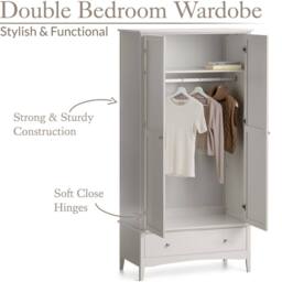Christow Natural Double Wardrobe with Drawer 2 Door Bedroom Storage Furniture Cupboard in Brown - thumbnail 3