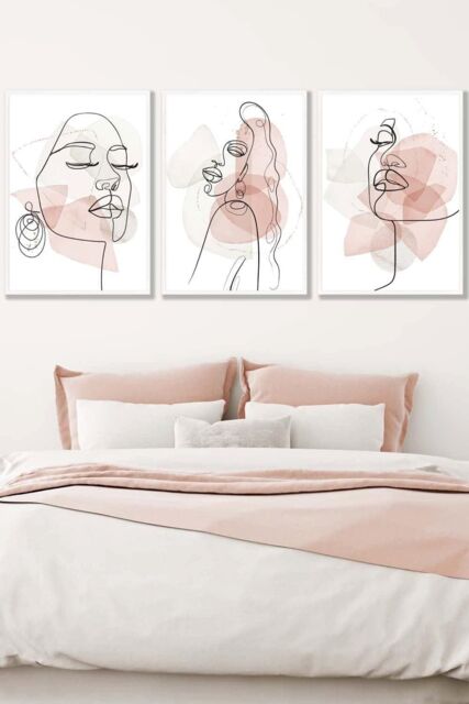 ARTZE Set of 3 White Framed One Line Abstract Fashion Faces in Pink & Ivory Wall Art in Light Pink - Size: W33 cm x H45 cm x D20mm - image 1