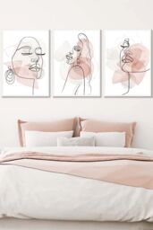 ARTZE Set of 3 White Framed One Line Abstract Fashion Faces in Pink & Ivory Wall Art in Light Pink - Size: W33 cm x H45 cm x D20mm - thumbnail 1