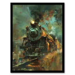 Artery8 Steam Train on Tracks Modern Painting Dark Framed Art Print in Blue - Size: A4 - thumbnail 1