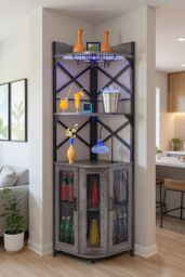 Living and Home 5-Tier Corner Bar Cabinet with Built-in Power Outlet and LED Lights in Grey - thumbnail 1