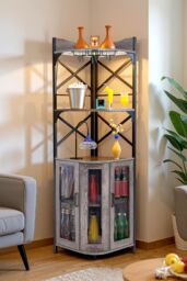Living and Home 5-Tier Corner Bar Cabinet with Built-in Power Outlet and LED Lights in Grey - thumbnail 2