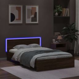 Berkfield Home Bed Frame with Headboard & LED Brown Oak 140x190 cm - thumbnail 3