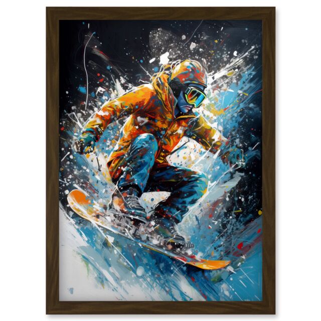 Artery8 Snowboarder Landing Snowboard Jump Splatter Paint Artwork Framed Wall Art Print A4 in Brown - image 1