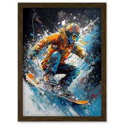 Artery8 Snowboarder Landing Snowboard Jump Splatter Paint Artwork Framed Wall Art Print A4 in Brown - thumbnail 1