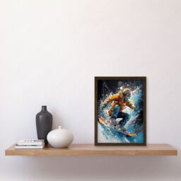 Artery8 Snowboarder Landing Snowboard Jump Splatter Paint Artwork Framed Wall Art Print A4 in Brown - thumbnail 2